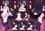  1girl :o amano_kohana animal_ear_fluff animal_ears bangs bare_shoulders bell black_hair blush character_sheet detached_collar detached_sleeves dress english_commentary eyebrows_visible_through_hair hair_bell hair_ornament highres luma_rum multiple_views official_art open_mouth palette pink_dress pointing pointing_up shirayuri_production smile tail thigh-highs virtual_youtuber wolf_ears wolf_girl wolf_tail 