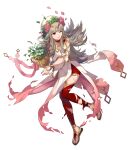  1girl artist_request bangs clenched_teeth fire_emblem fire_emblem_heroes flower_pot full_body gold_trim gradient gradient_clothes grey_hair hair_ornament highres holding jewelry leg_up long_hair looking_away official_art one_eye_closed parted_lips pelvic_curtain petals red_legwear redhead sandals shiny shiny_hair solo teeth thigh-highs tiara toes torn_clothes transparent_background veronica_(fire_emblem) wide_sleeves 