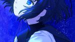  1girl air_bubble blue_eyes bubble close-up from_side hair_ornament hair_strand hairclip high_collar looking_up messy_hair narume original parted_lips pixel_art portrait purple_hair sailor_collar shirt short_hair sidelocks solo submerged white_shirt 