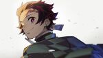  1boy bright_pupils brown_hair closed_mouth earrings from_behind haori highres japanese_clothes jewelry kamado_tanjirou kimetsu_no_yaiba looking_at_viewer looking_back male_focus one_eye_closed pink_eyes ryota-h scar_on_forehead short_hair simple_background smile solo upper_body white_background white_pupils 