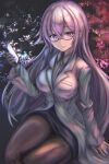  .live 1girl absurdres black_gloves breasts carro_pino cellphone commentary_request denchi_more_power glasses gloves hair_between_eyes highres labcoat large_breasts long_hair looking_at_viewer older petals phone purple_hair simple_background smile solo violet_eyes virtual_youtuber 