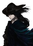  1girl black_hair black_headwear blue_cloak blue_eyes cloak closed_mouth copyright_request feathers hat one_eye_covered shukusuri simple_background solo upper_body white_background 