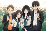  2boys 2girls :d black_skirt blue_neckwear blurry blurry_background blush brown_eyes chitanda_eru commentary_request cowboy_shot day frown fukube_satoshi gakuran green_eyes highres hyouka ibara_mayaka index_finger_raised kamiyama_high_school_uniform locked_arms mery_(yangmalgage) multiple_boys multiple_girls open_mouth orange_shirt oreki_houtarou outdoors school_uniform serafuku shirt skirt smile standing v violet_eyes 