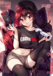  1girl :3 beanie black_footwear black_hair black_legwear black_shirt breasts chair clothes_writing crop_top gamestop gaming_chair graph grey_shorts hand_up hat highres holding knee_up large_breasts long_hair looking_at_viewer micro_shorts midriff multicolored_hair navel nintendo_switch playstation_controller red_eyes redhead shirt shoes short_shorts short_sleeves shorts skindentation smile sneakers solo squchan stomach thigh-highs thighs twintails two-tone_hair 