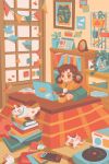  1girl bangs book bookshelf brown_eyes brown_hair cam_(baomii) cat computer earphones earphones highres indoors kotatsu laptop leaf long_sleeves nintendo_switch open_book original phonograph picture_(object) plant shadow shelf single_sock socks socks_removed solo table 