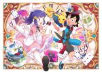  1boy 1girl :d apron ash_ketchum bangs black_hair blue_eyes blush buttons card clothed_pokemon commentary_request cup hikari_(pokemon) dododo_dadada dress eye_contact gen_1_pokemon gen_4_pokemon hair_ornament hairclip hat holding holding_hand holding_spoon knees looking_at_another mouth_hold open_mouth pikachu pink_dress piplup playing_card pokemon pokemon_(anime) pokemon_(creature) pokemon_dppt_(anime) pokemon_on_arm red_headwear shoes short_sleeves shorts sidelocks smile socks spoon teacup teapot tongue top_hat vest white_legwear 
