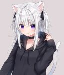  1girl :q animal_ear_fluff animal_ears anz32 bangs black_choker black_hoodie black_ribbon cat_ears cat_girl cat_tail choker closed_mouth collarbone commentary_request drawstring eyebrows_visible_through_hair grey_background hair_between_eyes hair_ribbon hand_up hood hood_down hoodie long_hair looking_at_viewer original ribbon silver_hair simple_background smile solo tail tail_raised tongue tongue_out twitter_username two_side_up upper_body violet_eyes 
