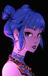  1girl bangs black_background black_lips blue_eyes blue_hair blue_moon_(cyberpunk_2077) chain cyberpunk_2077 double_bun dtroy earrings freckles from_side gold_chain hair_behind_ear highres hoop_earrings jewelry looking_at_viewer parted_lips shoulders solo upper_body 