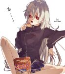  1girl bag_of_chips bangs black_jacket breasts chips eyebrows_visible_through_hair feet_out_of_frame food genderswap genderswap_(mtf) grey_hair hair_between_eyes highres holding holding_food jacket knee_up kuzuha_(nijisanji) long_hair long_sleeves looking_away medium_breasts nijisanji open_mouth pointy_ears potato_chips red_eyes signature simple_background sitting sleeves_past_wrists sofra solo track_jacket twitter_username very_long_hair virtual_youtuber white_background 