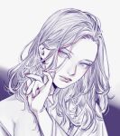  1girl bare_shoulders blue_eyes fingernails gg_koki grey_theme greyscale highres long_hair looking_at_viewer monochrome original parted_lips red_lips red_nails solo spot_color upper_body 