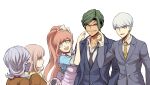  2boys 3girls :d alternate_costume apron blue_dress blue_jacket blue_vest breasts brown_hair brown_jacket collarbone collared_shirt commentary_request crescent crescent_pin dangan_ronpa_(series) dangan_ronpa_3_(anime) dress formal green_eyes green_hair hair_ribbon handheld_game_console high_ponytail holding holding_handheld_game_console hope&#039;s_peak_academy_school_uniform jacket kimura_seiko large_breasts long_hair long_ponytail looking_at_another maid maid_apron mask mouth_mask multiple_boys multiple_girls munakata_kyousuke nanami_chiaki necktie open_mouth orange_hair pink_hair ponytail ribbon sakakura_juuzou school_uniform shirt short_hair simple_background smile suit surgical_mask sweatdrop upper_teeth vest violet_eyes white_apron white_background white_hair white_ribbon youko-shima yukizome_chisa 