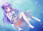  1girl absurdres azur_lane bare_shoulders bubble dress elbow_gloves full_body gloves hair_ribbon highres lace lanyingchengzhi long_hair looking_at_viewer purple_hair ribbon smile solo stuffed_unicorn underwater unicorn_(azur_lane) violet_eyes white_dress white_legwear 