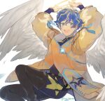  1boy :d angel_wings aqua_eyes arms_up astel_leda black_bodysuit blonde_hair blue_hair blush bodysuit boots coat feathered_wings halo highres holostars long_sleeves male_focus messy_hair open_mouth riri_zuran short_hair smile solo star_(symbol) thigh-highs thigh_boots twitter_username virtual_youtuber white_wings wings yellow_coat 