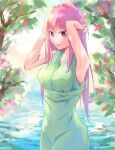  1girl armpits arms_behind_head arms_up breasts collarbone day dress eyebrows_visible_through_hair flower green_dress highres hololive hololive_english long_hair looking_at_viewer looking_to_the_side mori_calliope open_mouth outdoors pink_flower pink_hair red_eyes shironekokfp sky standing tree tree_branch virtual_youtuber water 