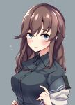  1girl black_sailor_collar black_shirt blue_eyes blush breasts brown_hair buttons closed_mouth collarbone eyebrows_visible_through_hair flying_sweatdrops grey_background highres kantai_collection large_breasts long_hair noshiro_(kantai_collection) sailor_collar shirt simple_background solo soramuko upper_body 