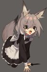  1girl absurdres all_fours animal_ear_fluff animal_ears apron black_dress black_eyes dress eyebrows_behind_hair fangs flat_chest ghost_(tama) grey_background hair_over_one_eye highres holding holding_knife knife maid maid_apron open_mouth original solo tail wolf_ears wolf_girl wolf_tail 