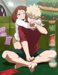  1boy 1girl bakugou_katsuki barefoot blonde_hair blush_stickers boku_no_hero_academia brown_hair christmas christmas_tree closed_mouth commentary couch dailykrumbs english_commentary eyelashes green_shorts highres hug hug_from_behind indian_style indoors looking_at_viewer one_eye_closed red_shirt scarf scarf_removed shirt short_sleeves shorts sitting smile soles spiky_hair t-shirt toes uraraka_ochako 