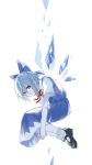  1girl bangs black_footwear blue_dress blue_eyes blue_hair blue_ribbon bow cirno closed_mouth dress hair_bow highres ice katsuo_(raise_ha_maguro) looking_at_viewer ribbon short_hair short_sleeves simple_background solo touhou white_background 