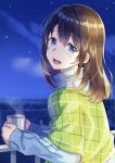  1girl :d bangs blue_eyes blue_sweater brown_hair clouds commentary_request cup eyebrows_visible_through_hair hair_between_eyes highres holding holding_cup long_hair long_sleeves looking_at_viewer looking_to_the_side mono_lith mug night night_sky open_mouth original outdoors railing shawl sky sleeves_past_wrists smile solo star_(sky) starry_sky sweater turtleneck turtleneck_sweater upper_body 