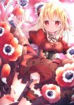  1girl anemone_(flower) ass_visible_through_thighs blonde_hair blush breasts dress flower highres long_hair looking_at_viewer medium_breasts original panties petals red_background red_dress red_eyes signature solo tenti0619 thigh_strap underwear white_panties 