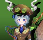  1girl absurdres alison_(alison_airlines) blue_eyes blue_neckwear blush brown_headwear commentary_request goggles goggles_on_head gradient gradient_background green_background grey_hair hat highres horns indie_virtual_youtuber karina_asakusa looking_at_viewer shadow short_hair smile solo tailcoat upper_body virtual_youtuber 