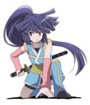  1girl akatsuki_(log_horizon) bangs bike_shorts black_shorts blue_hair blue_kimono blue_legwear detached_sleeves eyebrows_visible_through_hair floating_hair full_body high_ponytail holding holding_sword holding_weapon japanese_clothes kimono leg_warmers log_horizon long_hair long_sleeves one_knee onomekaman open_mouth pink_sleeves sheath sheathed shiny shiny_hair short_kimono short_shorts shorts simple_background sleeveless sleeveless_kimono solo sword unsheathing very_long_hair violet_eyes weapon white_background 