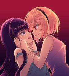  2girls bangs bare_arms bare_shoulders black_background black_hairband blonde_hair blue_tank_top collared_shirt commentary_request eye_contact eyebrows_visible_through_hair furude_rika gradient gradient_background hair_between_eyes hairband highres higurashi_no_naku_koro_ni houjou_satoko looking_at_another multiple_girls pink_shirt profile purple_hair red_background red_eyes shirt short_hair sleeveless sleeveless_shirt strap_slip suzunone_rena tank_top tears violet_eyes yuri 