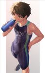  1boy bangs bottle brown_hair chromatic_aberration covered_navel drinking english_text eyebrows_visible_through_hair hand_on_hip highres holding holding_bottle male_focus original r-744 shoes simple_background sleeveless solo standing sweat toned toned_male water wet yellow_eyes 