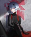  1girl absurdres against_wall ayanami_rei bangs black_bodysuit blue_hair bodysuit breasts breasts_apart evangelion:_3.0_you_can_(not)_redo hair_between_eyes head_tilt headgear highres huge_filesize kyo_ka_6 looking_at_viewer neon_genesis_evangelion parted_lips plugsuit pool_of_blood rebuild_of_evangelion red_eyes shadow short_hair signature sitting small_breasts solo 