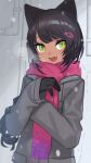  1girl animal_ears bangs black_gloves black_hair breath chorefuji cold commentary_request eyelashes fang fish_hair_ornament gloves green_eyes grey_jacket hair_ornament heart jacket long_hair long_sleeves open_mouth original pink_scarf pipe scarf shiny shiny_hair sleeves_past_wrists smile solo tongue 