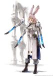  absurdres animal_ears boots coat final_fantasy final_fantasy_xiv floating_weapon hand_on_own_chin highres medium_hair official_art pink_hair rabbit_ears sage_(final_fantasy) simple_background square_enix viera white_coat 