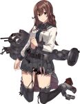  1girl belt belt_buckle black_belt brown_hair buckle burnt_clothes closed_mouth frown full_body garter_straps green_eyes grey_skirt kantai_collection kneeling konishi_(koconatu) long_hair long_sleeves looking_at_viewer machinery noshiro_(kantai_collection) official_art pleated_skirt remodel_(kantai_collection) rigging sidelocks skirt solo torn_clothes transparent_background twintails 