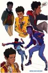  1boy alternate_costume black_hair black_skin caleb_thomas closed_eyes colored_skin english_text headphones headphones_around_neck highres hood hooded_jacket jacket laughing marvel miles_morales shoes short_hair sneakers sony spider-man:_into_the_spider-verse spider-man_(series) twitter_username watch watch 