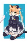  1girl animal_ear_fluff animal_ears arknights black_capelet black_footwear black_headwear black_legwear black_neckwear black_skirt black_vest blonde_hair blue_background blush boots capelet cat_ears cat_girl cat_tail cat_teaser closed_mouth collared_shirt commentary_request frilled_skirt frills green_eyes hat mini_hat mousse_(arknights) multicolored_hair multiple_tails nachiru necktie shirt sitting skirt solo tail thigh-highs thighhighs_under_boots tilted_headwear trembling twitter_username two-tone_background two-tone_hair two_tails vest wariza white_background white_hair white_shirt 