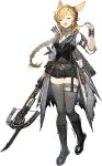  1girl animal_ears arknights arrow_(projectile) bayonet belt_buckle belt_pouch boots bracelet braid braided_ponytail buckle closed_eyes crossbow jewelry kroos_(arknights) long_hair official_alternate_costume official_art older pouch quiver rabbit_ears rabbit_girl solo thigh-highs 