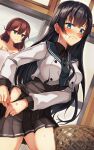  2girls agano_(kantai_collection) black_hair black_sailor_collar black_shirt black_skirt blue_eyes blush brown_hair buttons closed_mouth collared_shirt cosplay cropped_jacket eyebrows_visible_through_hair green_eyes hair_between_eyes highres jacket kantai_collection long_hair long_sleeves multiple_girls natsu_narumi noshiro_(kantai_collection) noshiro_(kantai_collection)_(cosplay) pleated_skirt sailor_collar shirt skirt striped striped_skirt white_jacket 