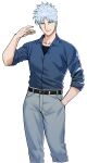  1boy akagi:_yami_ni_oritatta_tensai akagi_shigeru belt belt_buckle black_belt black_shirt blue_shirt buckle denim hand_in_pocket highres jeans mahjong mahjong_tile male_focus pants pointy_nose shirt shirt_tucked_in shirt_under_shirt short_hair sleeves_rolled_up smirk synecdoche white_background white_hair yellow_eyes 