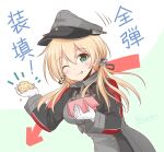  1girl ^^^ anchor_hair_ornament arrow_(symbol) beans blonde_hair box commentary_request green_eyes hair_ornament hat highres icesherbet kantai_collection long_hair looking_at_viewer low_twintails military military_uniform one_eye_closed peaked_cap prinz_eugen_(kantai_collection) setsubun solo throwing tongue tongue_out translation_request twintails uniform upper_body 