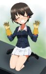  1girl black_hair character_request closed_eyes dirty dirty_face girls_und_panzer gloves grin kayabakoro ooarai_military_uniform short_hair sitting smile solo wariza 