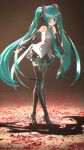  1girl 3d absurdres aqua_hair aqua_neckwear bbbbit black_skirt blush boots breasts closed_eyes detached_sleeves hatsune_miku headset highres leaning_forward long_hair medium_breasts necktie petals shadow skirt smile solo thigh-highs thigh_boots tiptoes twintails very_long_hair vocaloid 