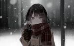  1girl aiming_at_viewer bangs black_gloves blunt_bangs blurry blurry_background blurry_foreground brown_jacket closed_mouth depth_of_field eyebrows_visible_through_hair eyelashes gloves grey_eyes gun hair_ornament hairclip handgun holding holding_gun holding_weapon jacket kisumipri looking_at_viewer medium_hair nijisanji plaid plaid_scarf pointing pointing_at_viewer pointing_weapon scarf shiny shiny_hair smile snowing solo tsukino_mito upper_body weapon winter winter_clothes 