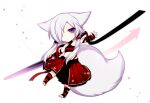  1girl aika_(konshin) animal_ears arm_wrap bare_shoulders chibi fox_ears fox_tail hair_over_one_eye holding holding_sword holding_weapon konshin leg_wrap looking_at_viewer midriff original petals short_hair_with_long_locks simple_background solo sword tail violet_eyes weapon white_hair 