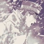  1boy abstract_background absurdres animated black_eyes commentary english_commentary from_side gero_nrt golden_kamuy greyscale hat highres kepi looking_to_the_side male_focus military_hat monochrome open_mouth scar scar_on_cheek scar_on_face short_hair snowing solo spiky_hair sugimoto_saichi upper_body video 