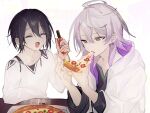  black_hair bottle character_request closed_eyes copyright_request earrings eating food grey_eyes grey_hair hair_between_eyes halftone hand_up jewelry long_sleeves nyaro_sousaku open_mouth pizza pizza_slice upper_body 
