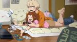  1boy 1girl artist_name backpack bag bag_removed bakugou_katsuki barefoot blonde_hair blush_stickers boku_no_hero_academia brown_hair cellphone closed_eyes commentary controller dailykrumbs english_commentary game_console holding holding_controller indoors lying on_stomach open_mouth orange_shirt pants phone pink_shirt playstation_4 shirt short_sleeves socks spiky_hair teeth toes tongue uraraka_ochako 