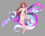  1girl barefoot bell bikini bow breasts brown_hair closed_mouth eyebrows_visible_through_hair full_body grey_background highres large_breasts long_hair looking_at_viewer monster_girl navel original simple_background slugbox smile solo swimsuit tentacles violet_eyes white_bikini 