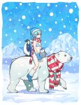  1girl aqua_hair bear bikini bird blue_bikini blue_footwear blue_gloves blue_headwear boots fingerless_gloves gloves highres nobile1031 original penguin polar_bear riding scarf shadow short_hair snow solo striped striped_bikini striped_scarf swimsuit wide_shot 