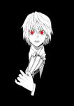  1boy bangs chain formal greyscale hair_between_eyes hand_up highres hunter_x_hunter jacket jewelry kurapika long_sleeves looking_at_viewer male_focus monochrome necktie red_eyes ring sano_yuuto shirt short_hair simple_background single_earring solo spot_color suit upper_body 