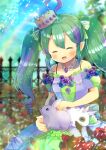  :d ^_^ ahoge animal bangs bare_shoulders blue_flower blue_rose blurry blurry_background bow breasts closed_eyes collarbone crown day depth_of_field dress eyebrows_visible_through_hair facing_viewer fence flower green_bow green_hair hair_between_eyes hair_bow indie_virtual_youtuber kouu_hiyoyo long_hair mini_crown multicolored_hair off-shoulder_dress off_shoulder open_mouth outdoors puffy_short_sleeves puffy_sleeves purple_dress purple_flower purple_hair purple_rose rabbit rainbow red_flower red_rose ringlets rose short_sleeves shrike_exe small_breasts smile streaked_hair tilted_headwear twintails very_long_hair 