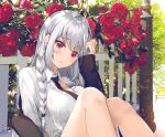  1girl begonia_(flower) braid breasts closed_mouth flower hair_over_shoulder highres knees_up long_hair looking_at_viewer medium_breasts original red_flower shirt silver_hair sitting solo ttorong white_shirt 